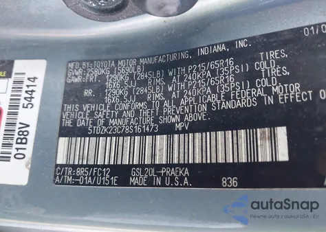 2008 Toyota Sienna Le z USA, uszkodzony, nr VIN 5TDZK23C78S161473